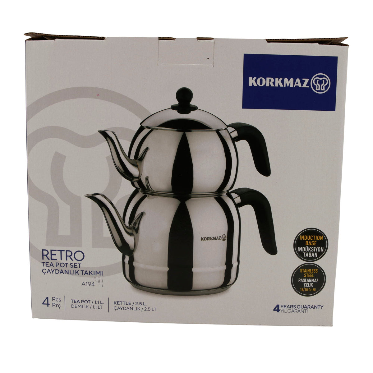 Korkmaz Retro Teekannen-Set A194 – 4-teilig (1,1 L & 2,5 L) Korkmaz