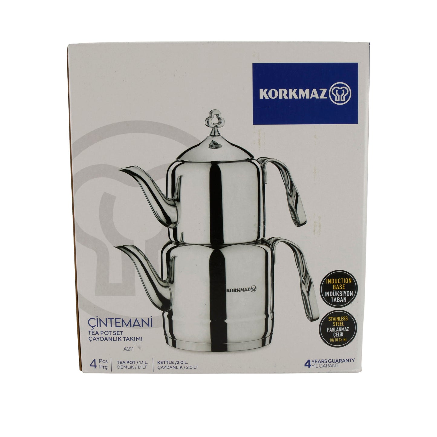 Korkmaz Çintemani Teekannen-Set | Edelstahl 18/10 | Induktionsgeeignet | 2,0 L + 1,1 L