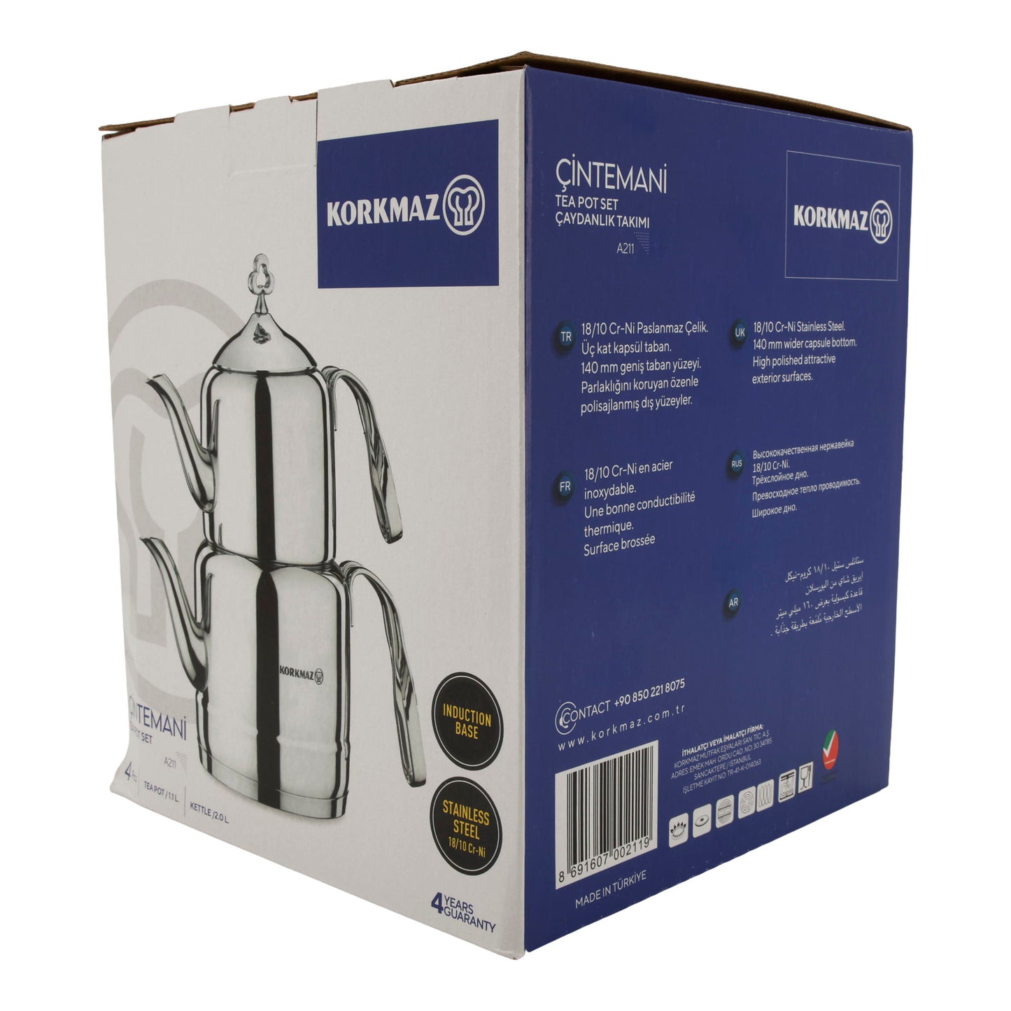 Korkmaz Çintemani Teekannen-Set | Edelstahl 18/10 | Induktionsgeeignet | 2,0 L + 1,1 L