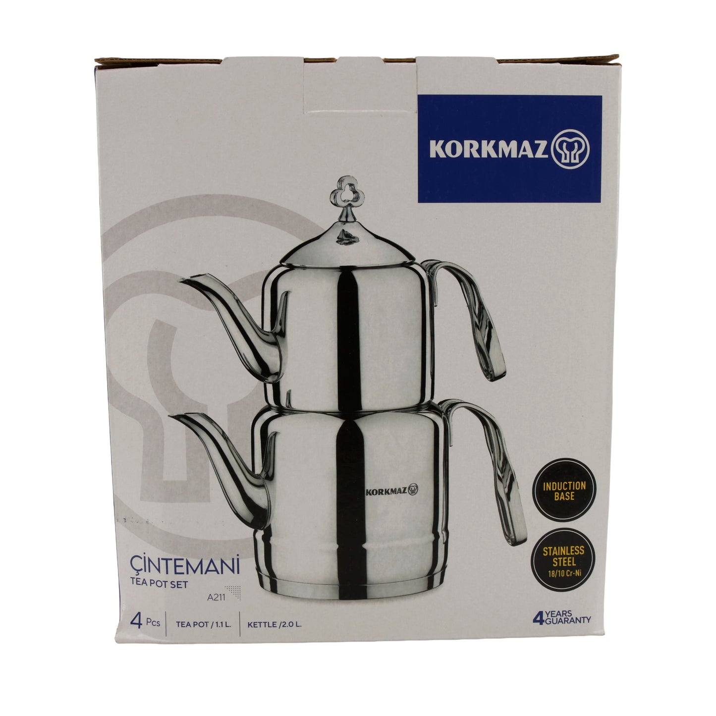 Korkmaz Çintemani Teekannen-Set | Edelstahl 18/10 | Induktionsgeeignet | 2,0 L + 1,1 L