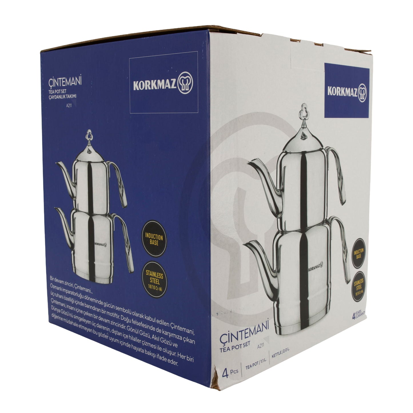 Korkmaz Çintemani Teekannen-Set | Edelstahl 18/10 | Induktionsgeeignet | 2,0 L + 1,1 L