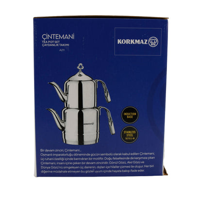 Korkmaz Çintemani Teekannen-Set | Edelstahl 18/10 | Induktionsgeeignet | 2,0 L + 1,1 L