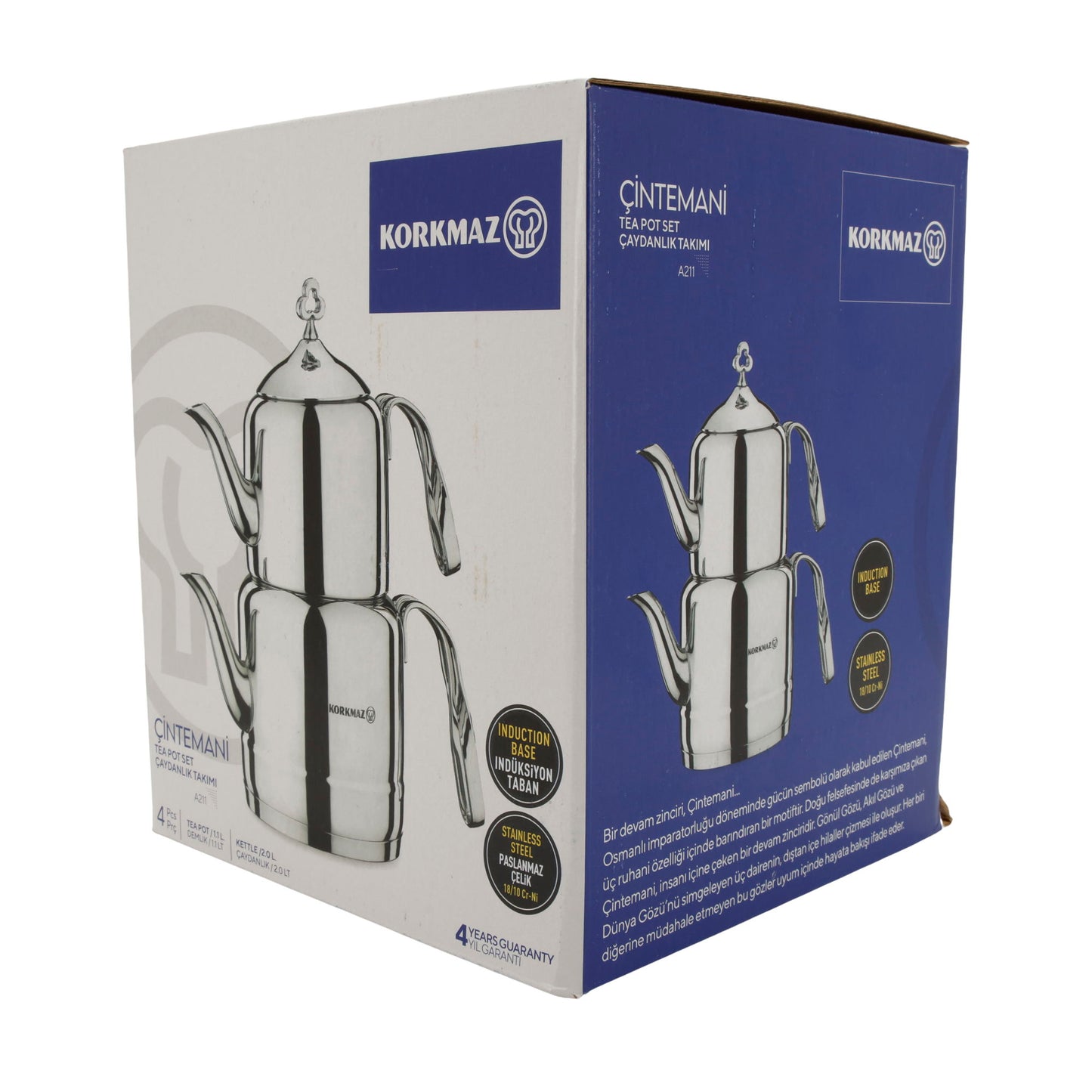 Korkmaz Çintemani Teekannen-Set | Edelstahl 18/10 | Induktionsgeeignet | 2,0 L + 1,1 L
