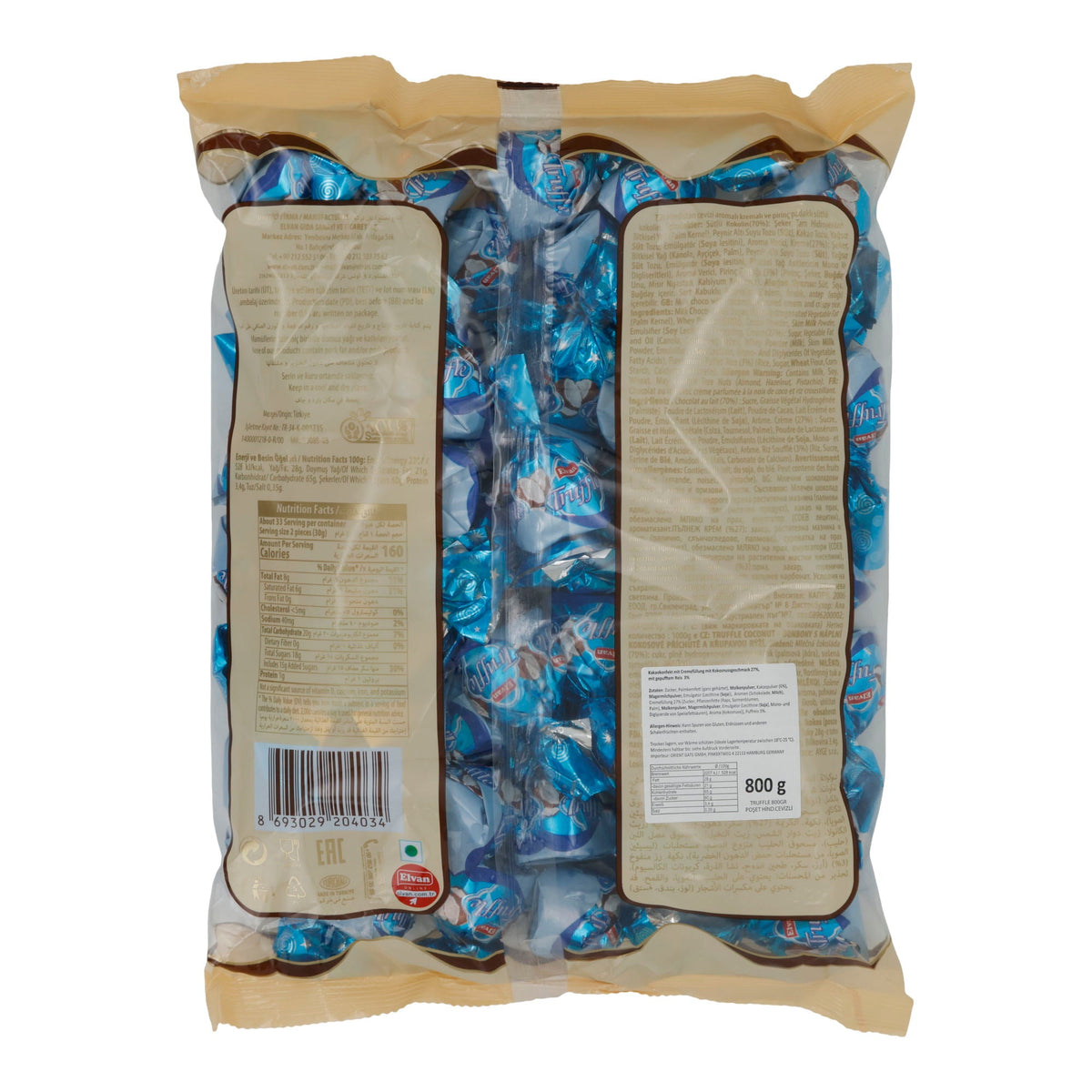 Milchschokolade Elvan Truffle Kokos | Schokolade | Schokolade mit Kokoscremefüllung und Puffreis | 800 g Beutel ELVAN
