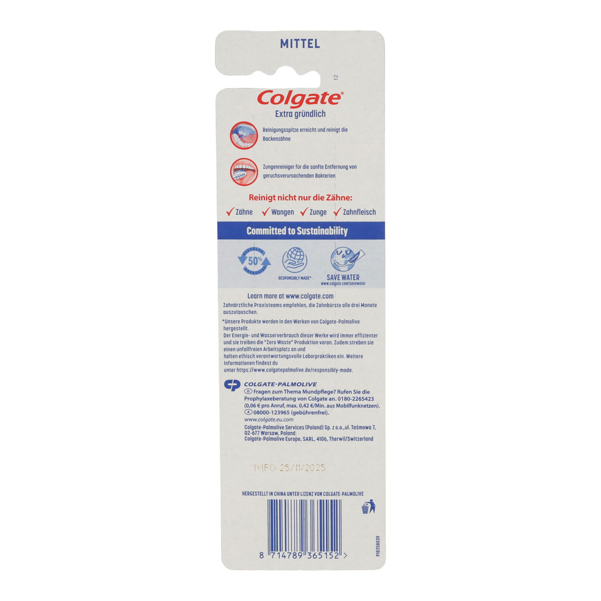 Colgate Extra Gründlich Zahnbürsten Mittel mit Zungenreiniger | 3 Stück