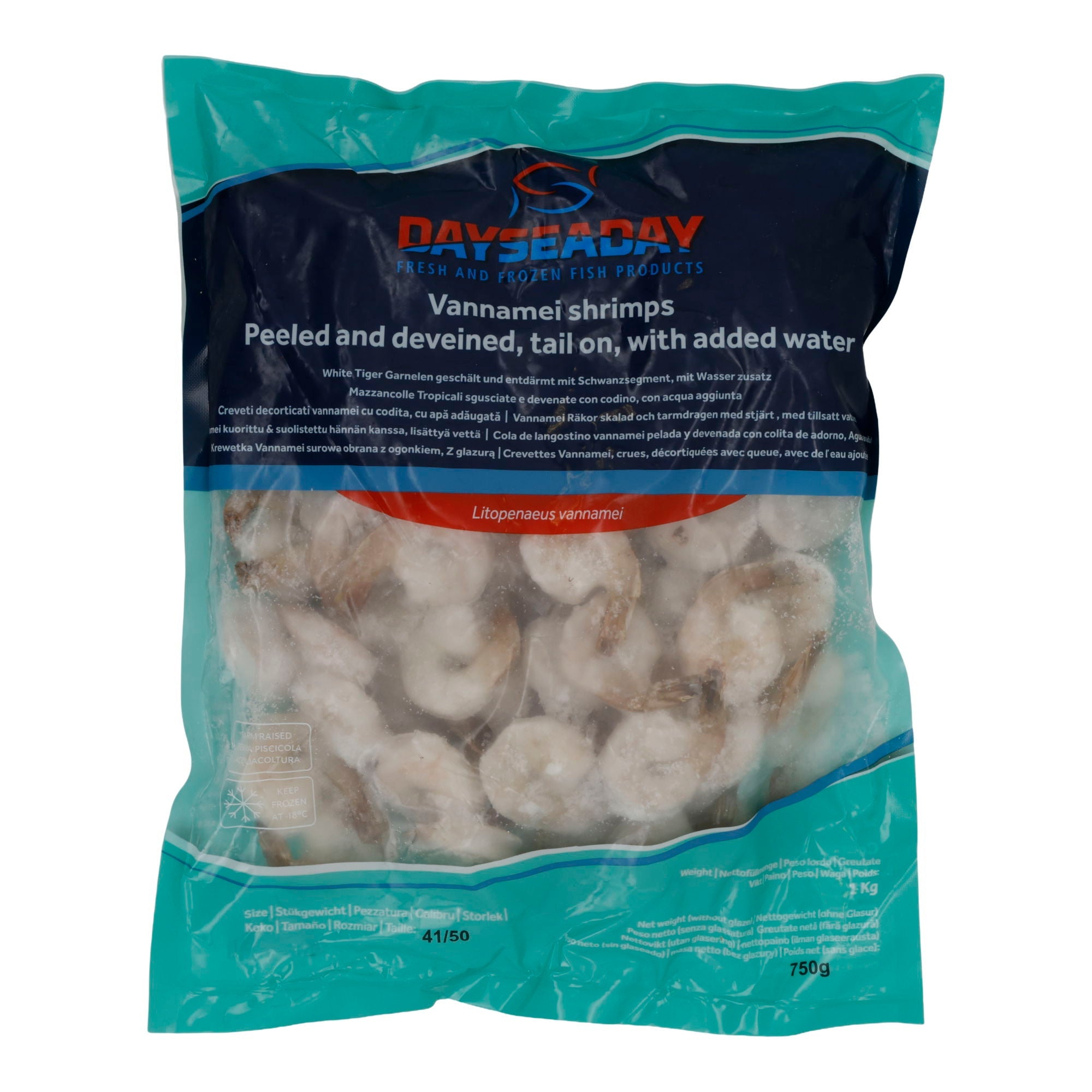 Garnelen Dayseaday | Garnelen | Vannamei Garnelen, Geschält, entdarmt, mit Schwanzsegment | 750g DAYSEADAY