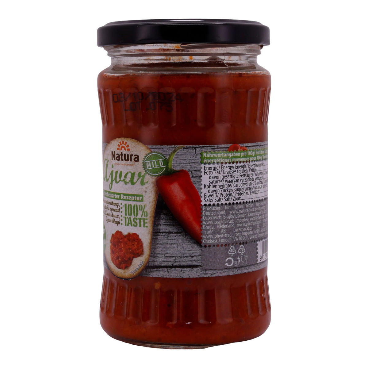 Paprikapaste Natura | Ajvar Mild | Milde Gemüsezubereitung aus Paprika & Auberginen | 370 ml