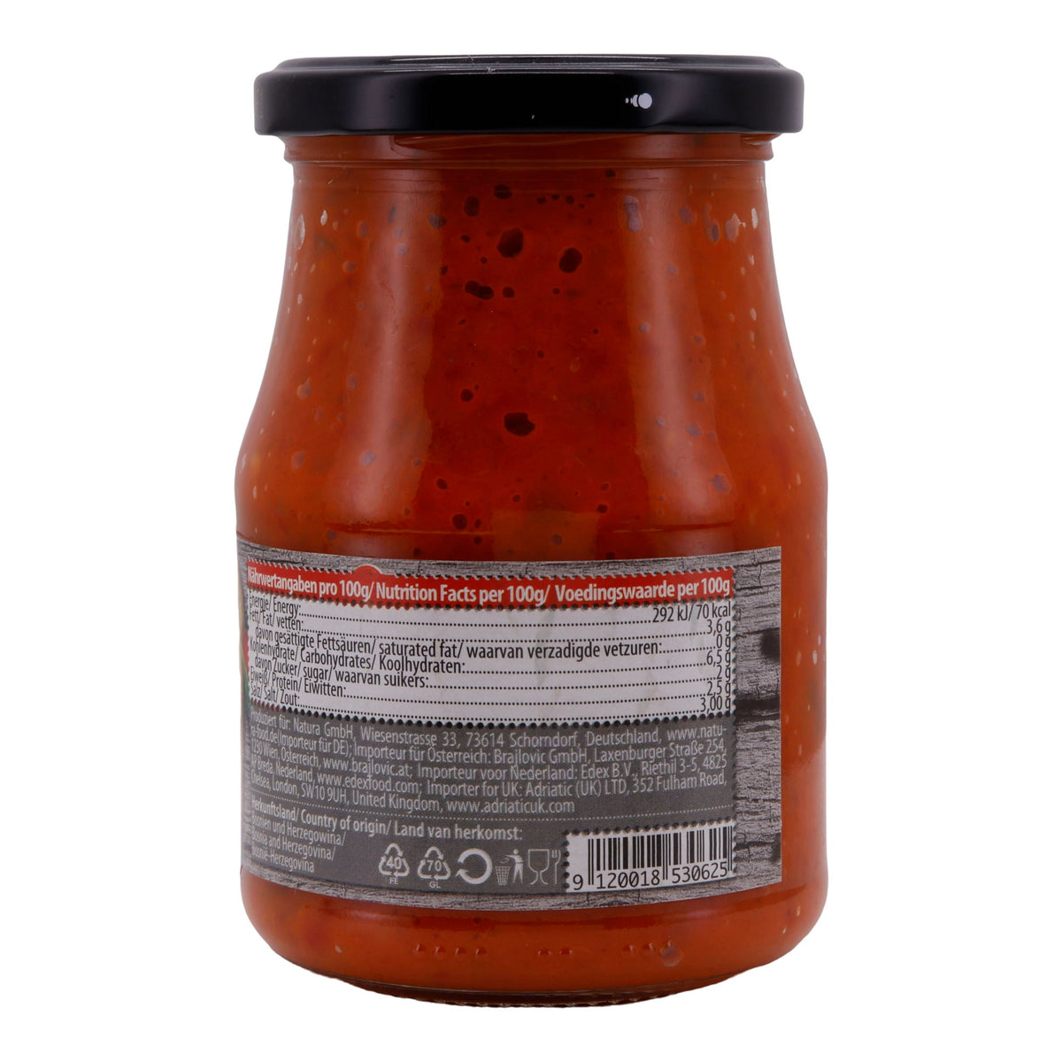 Gemüsepaste Natura | Ajvar Scharf | Scharfe Gemüsezubereitung aus Paprika, Tomaten und Auberginen | 370 ml Glas NATURA