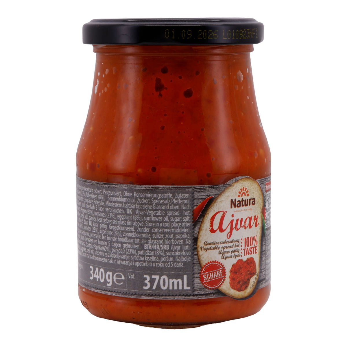 Gemüsepaste Natura | Ajvar Scharf | Scharfe Gemüsezubereitung aus Paprika, Tomaten und Auberginen | 370 ml Glas NATURA