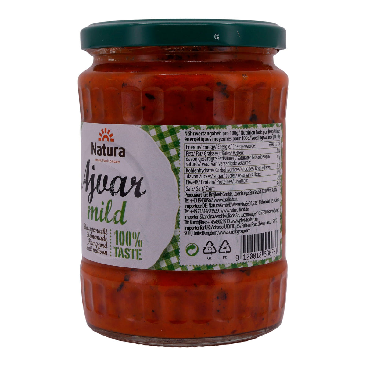 Paprikapaste Natura | Ajvar mild | Traditionell, mild, ideal für Dips & Beilagen | 540 g