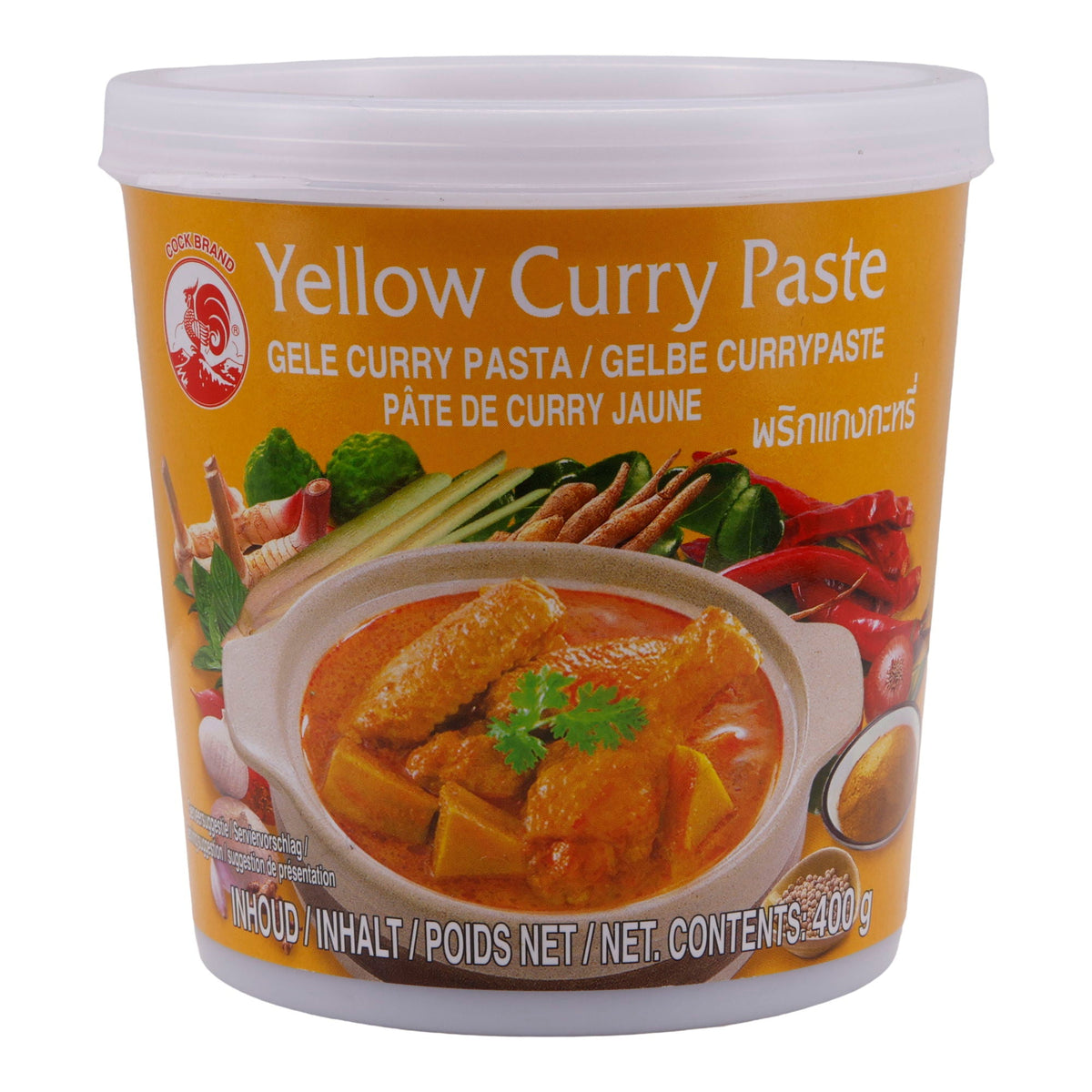Currypaste Cock Brand | Gelbe Currypaste | Exotisch, mit getrockneten roten Chilis & Kräutern | 400 g - kurzes MHD: 05.09.2026