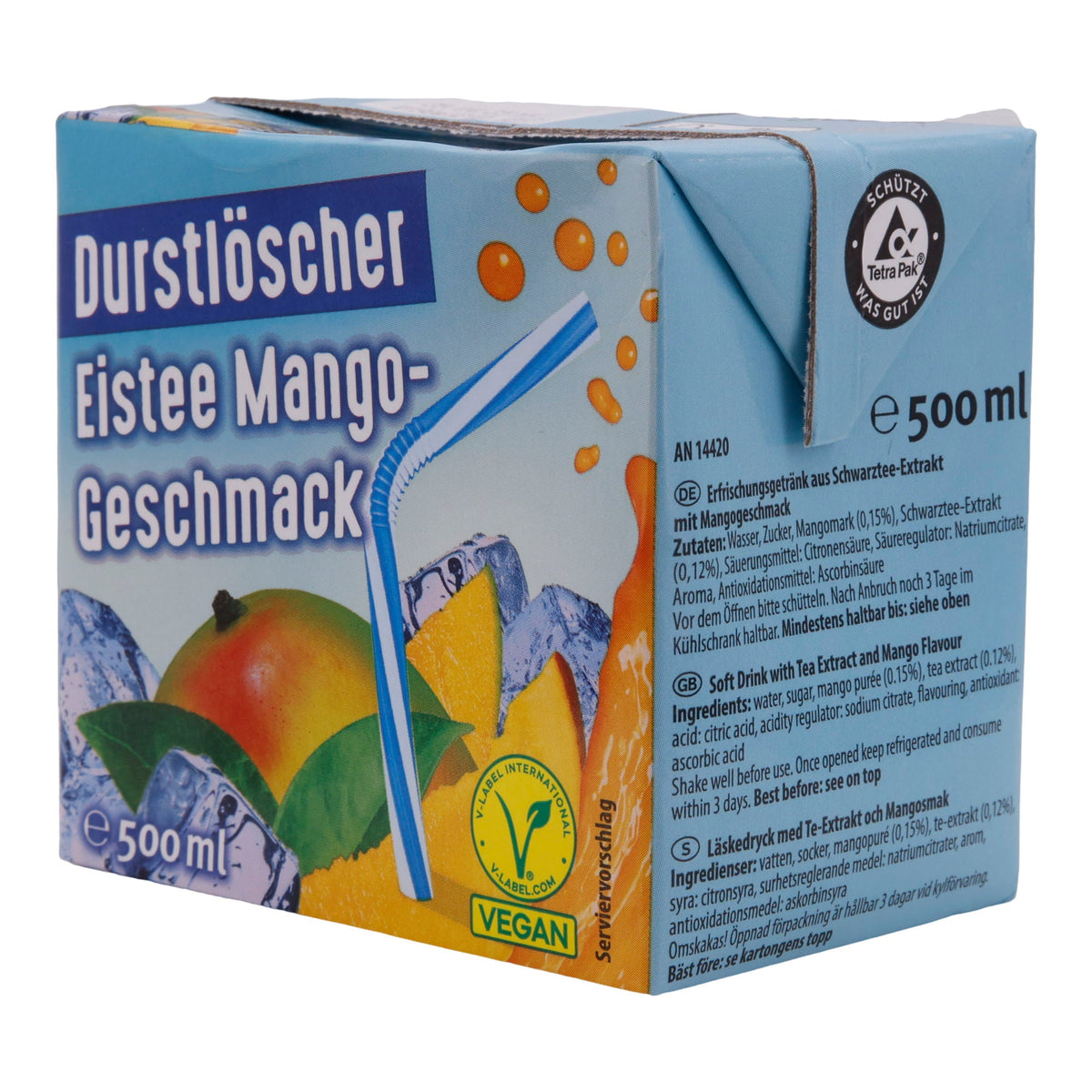 Eistee Durstlöscher | Mango-Geschmack | Vegan, erfrischend mit Fruchtnote | 500 ml |
