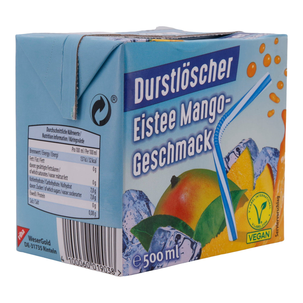 Eistee Durstlöscher | Mango-Geschmack | Vegan, erfrischend mit Fruchtnote | 500 ml |