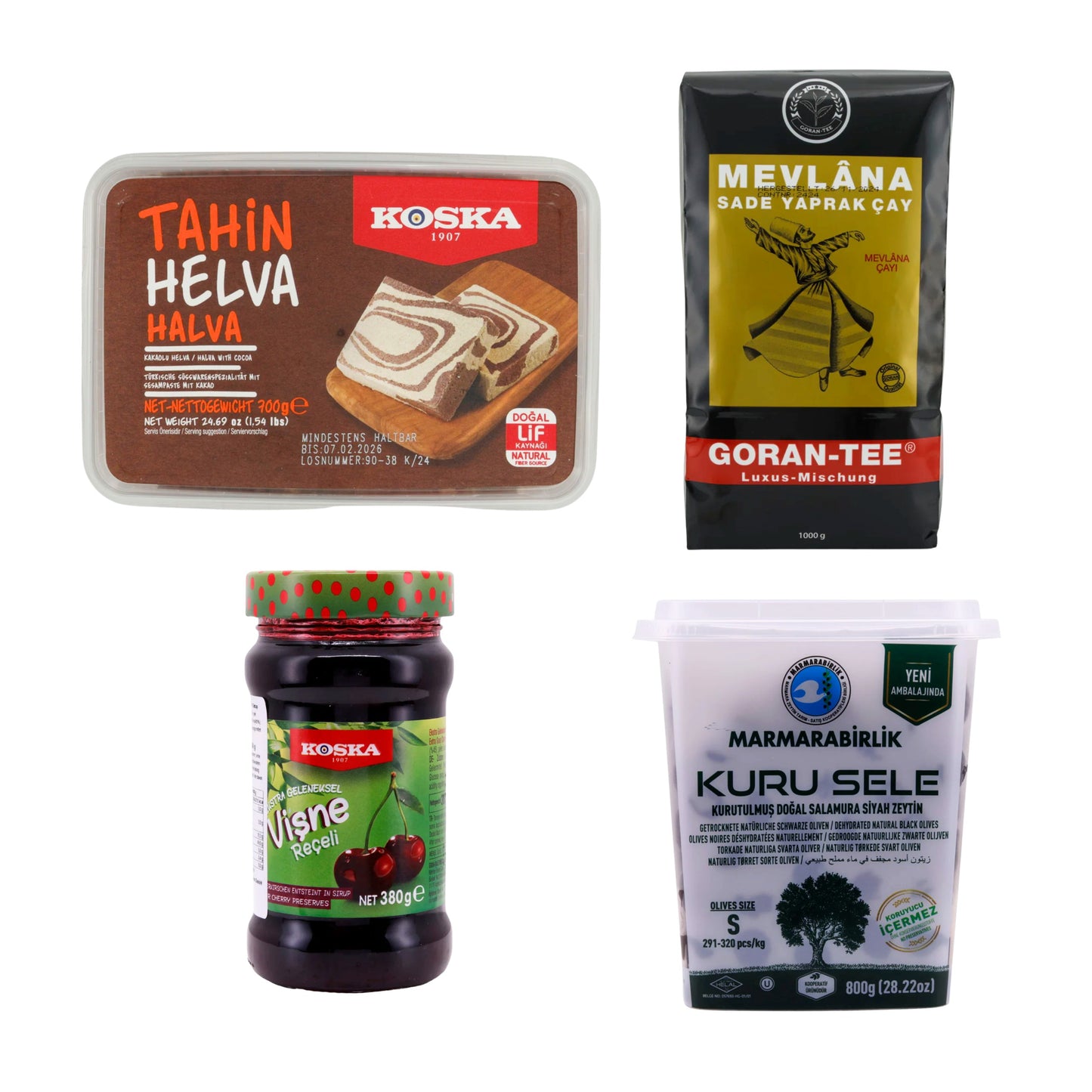 Frühstücksset: Schwarze Oliven Marmarabirlik 800g, Sesampaste Koska Tahin Helva mit Kakao 350g, Fruchtaufstrich Koska 380g, Schwarzer Tee Goran-Tee 1000g