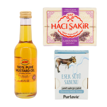 Massagezeit Set: Massageöl KTC 250ml, Eselmilchseife Purlavie 100g, Lavendelseife Haci Şakir 4x 150g