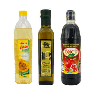 Lieblingsöle Set: Olivenöl Taris 250ml, Grantapfelsirup Öncü 700g, Sonnenblumenöl Ülker Bizim 1 Liter