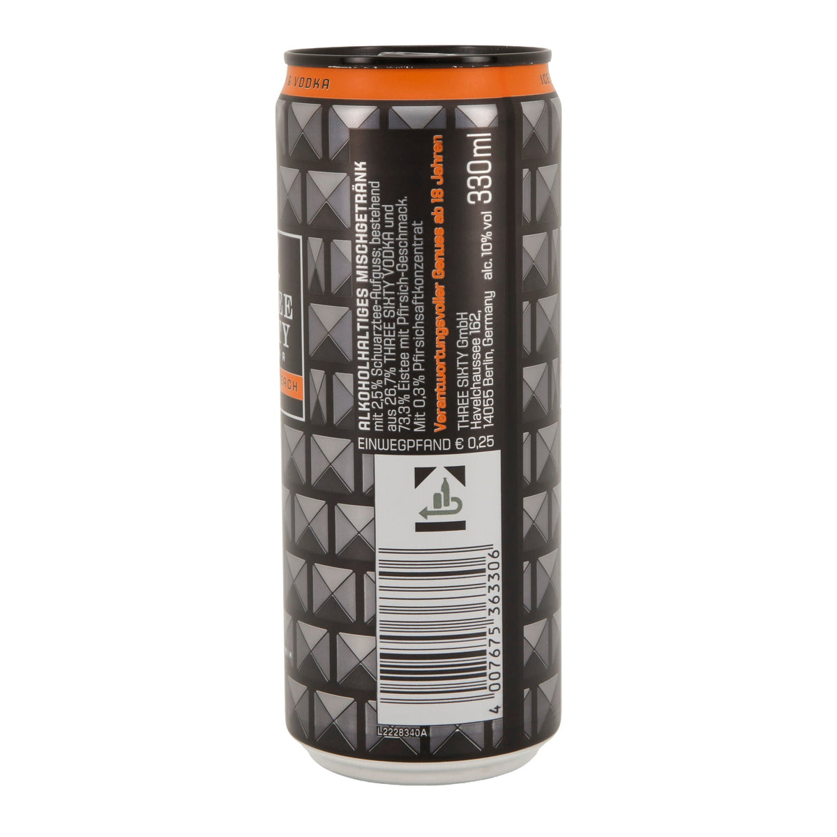 Alkoholisches Mischgetränk Three Sixty Vodka | Ice Tea Peach | 10 % vol | 0,33 l Dose Three Sixty