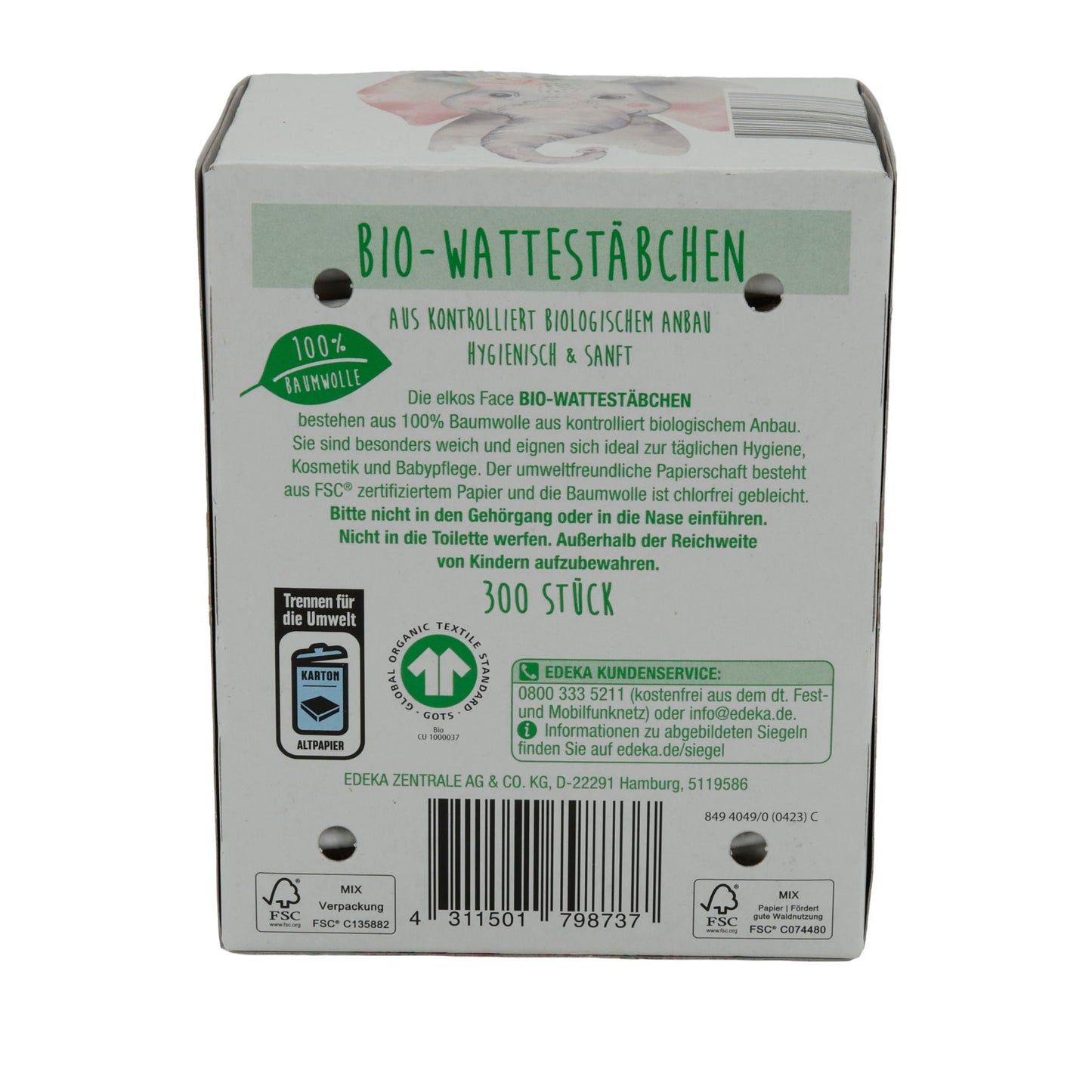 Bastoncini di cotone biologici elkos Face Bastoncini di cotone biologici | Bastoncini di cotone biologici | 300 pezzi