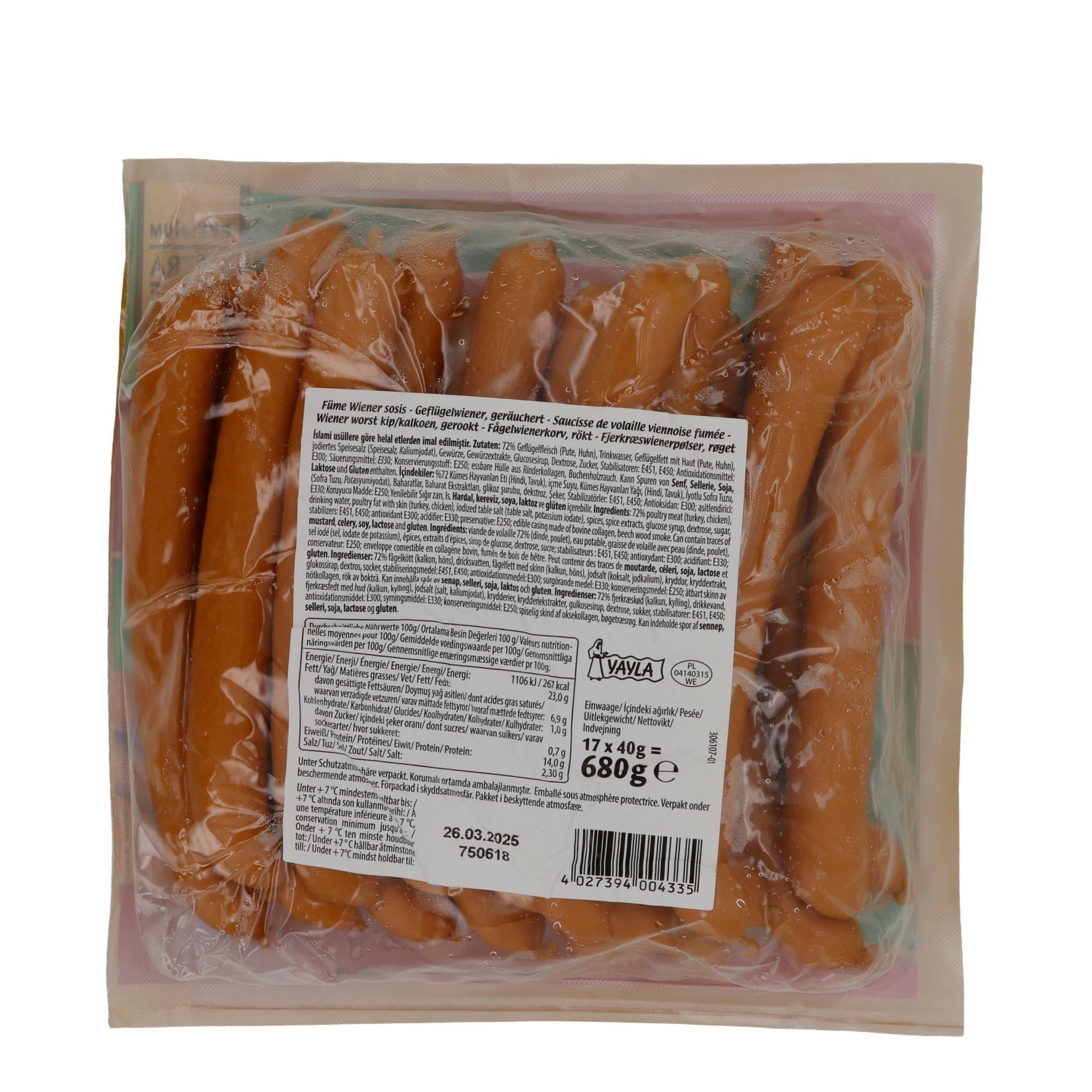 Bratwurst Yayla | Wiener Sosis | Geräucherte Geflügelwürstchen für Hot Dogs | 680 g YAYLA