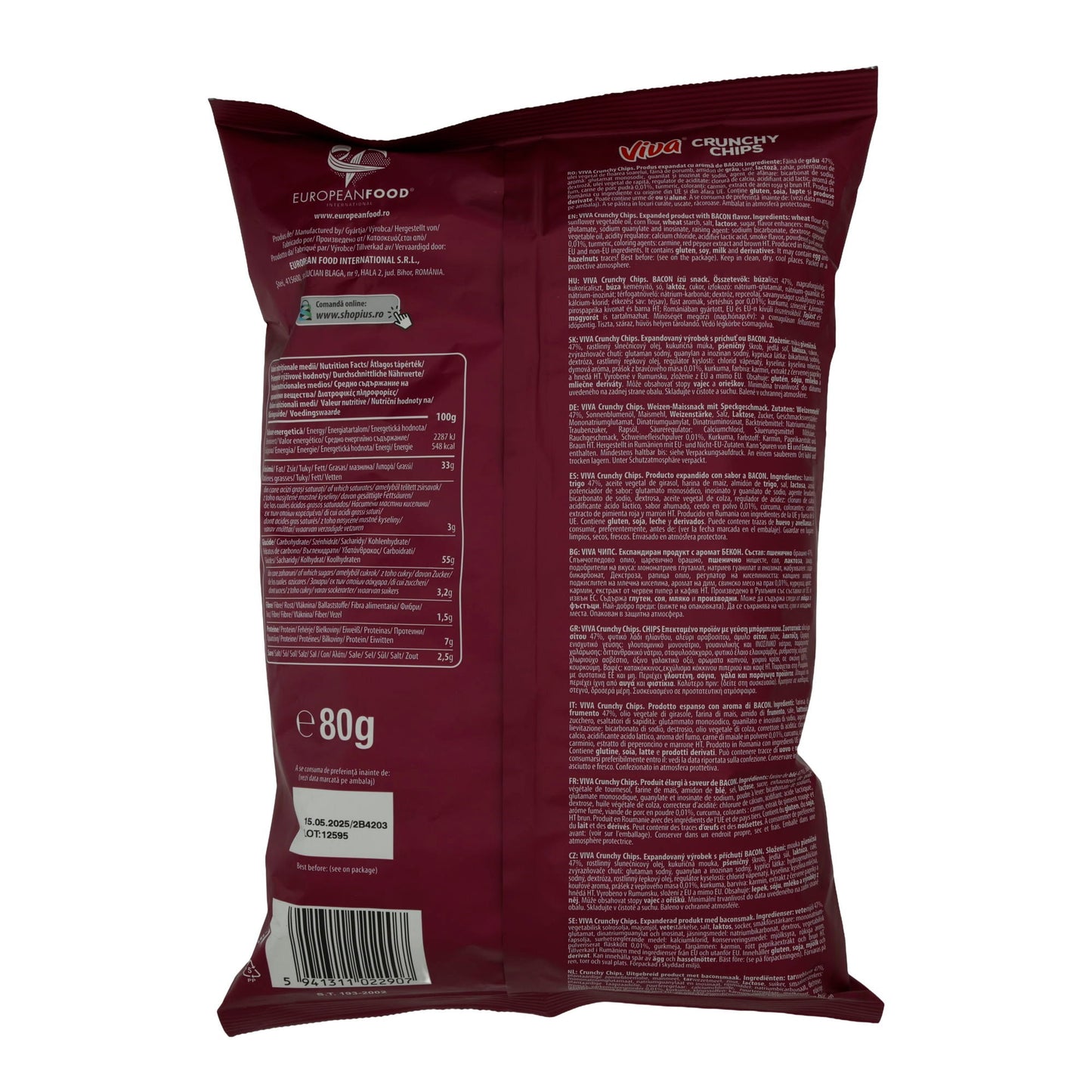 Crunchy Chips Viva | Strisce di Bacon | Snack croccante al gusto di bacon | 80 g