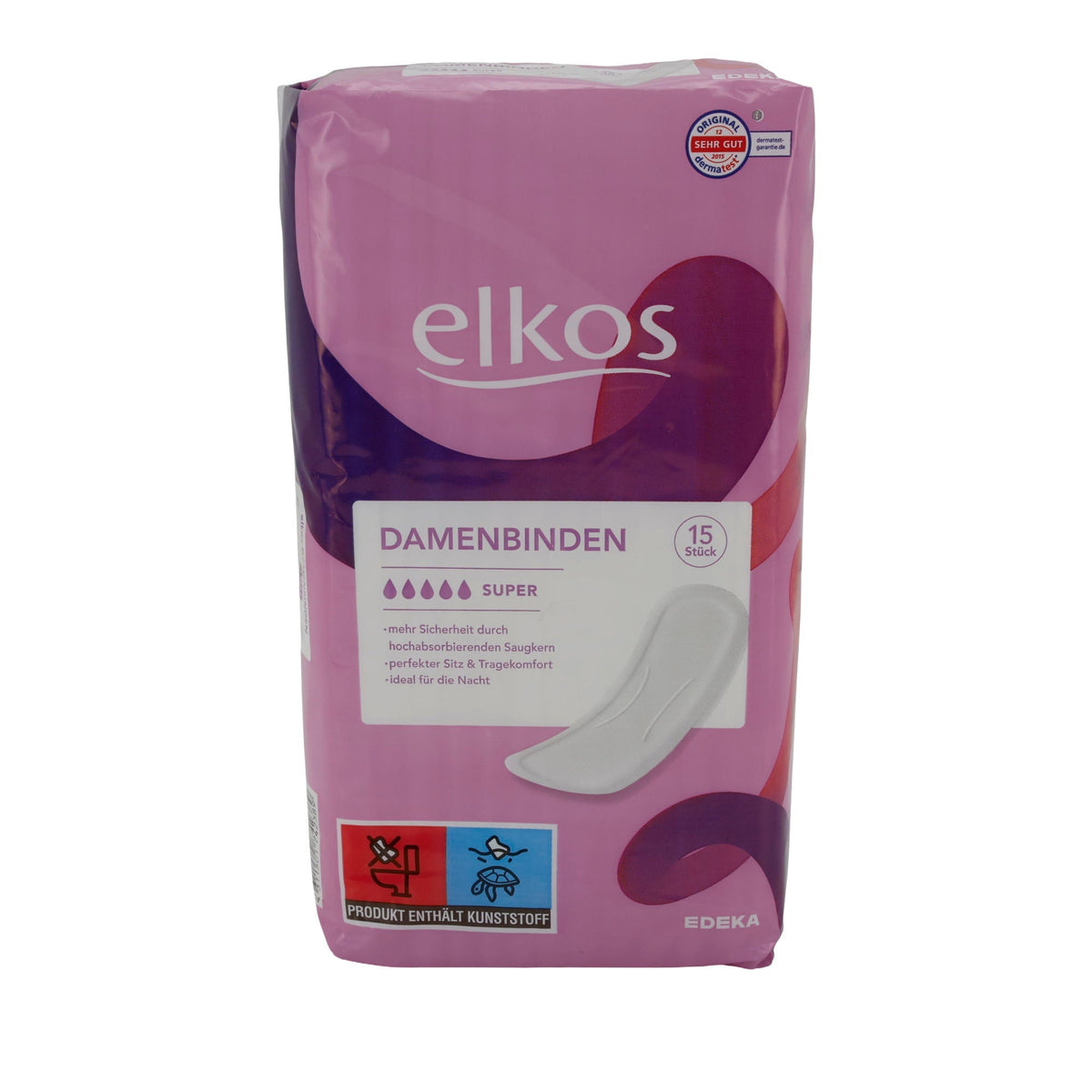 Damenbinden elkos | Super | Zuverlässiger Schutz Tag und Nacht | 15 Stück