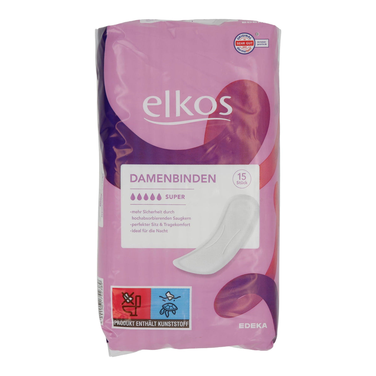 Damenbinden elkos | Super | Zuverlässiger Schutz Tag und Nacht | 15 Stück