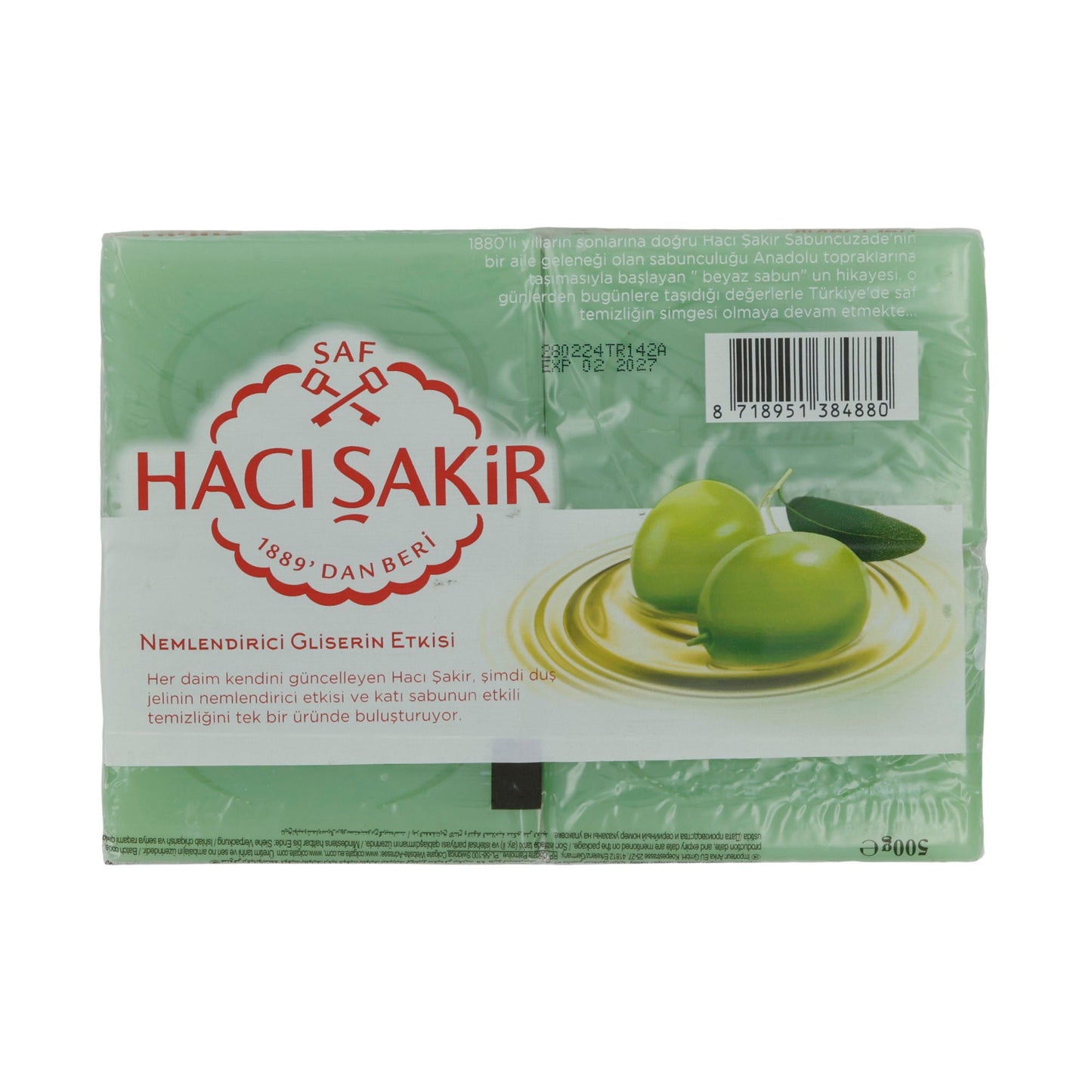 Sapone da doccia con olio d'oliva Haci Şakir | Sapone curativo | Tradizionale con glicerina | 4x125 g (500 g)