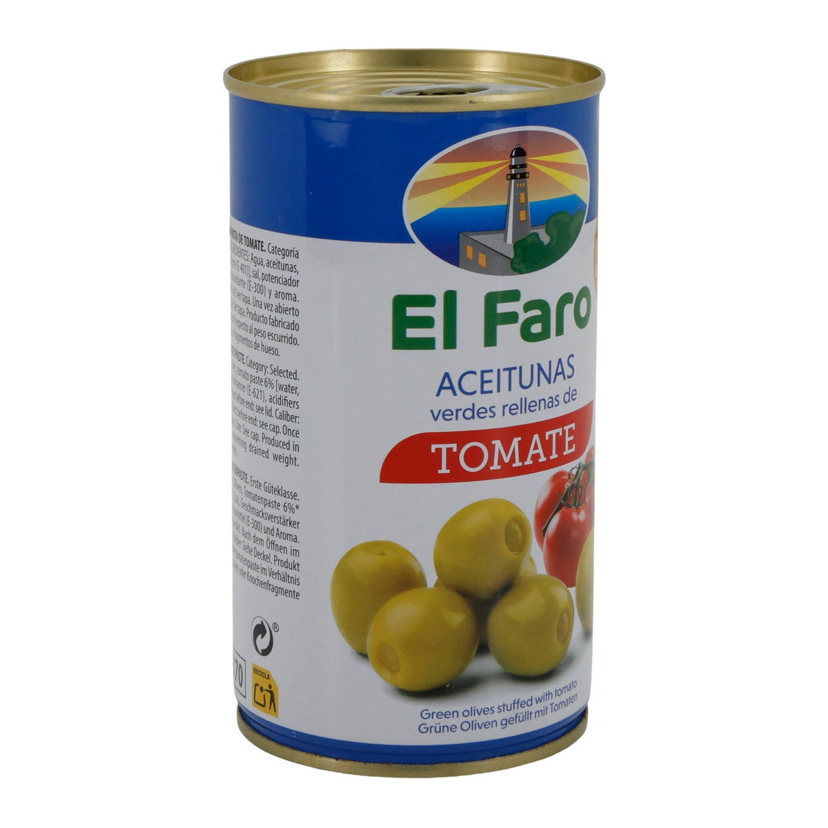 El Faro | Grüne Oliven gefüllt mit Tomatenpaste | Mediterraner Geschmack | 350 g / 150 g Abtropfgewicht
