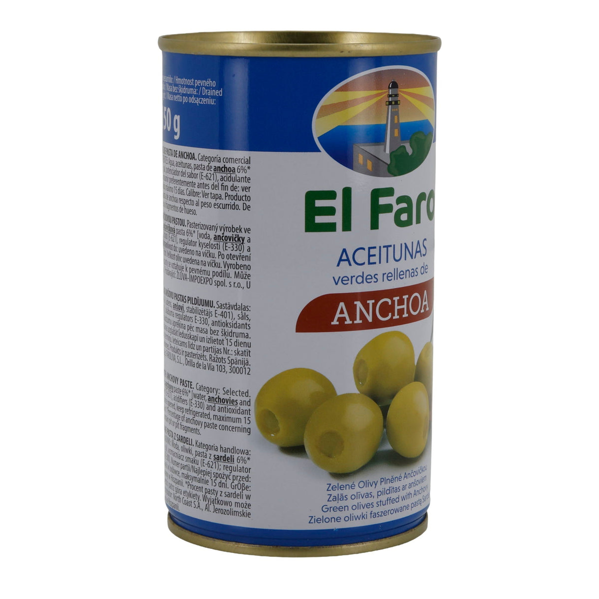El Faro Grüne Oliven mit Sardellenpaste | Gefüllte Oliven | 350 g Dose (Abtropfgewicht 150 g) | Spanische Tapas-Spezialität