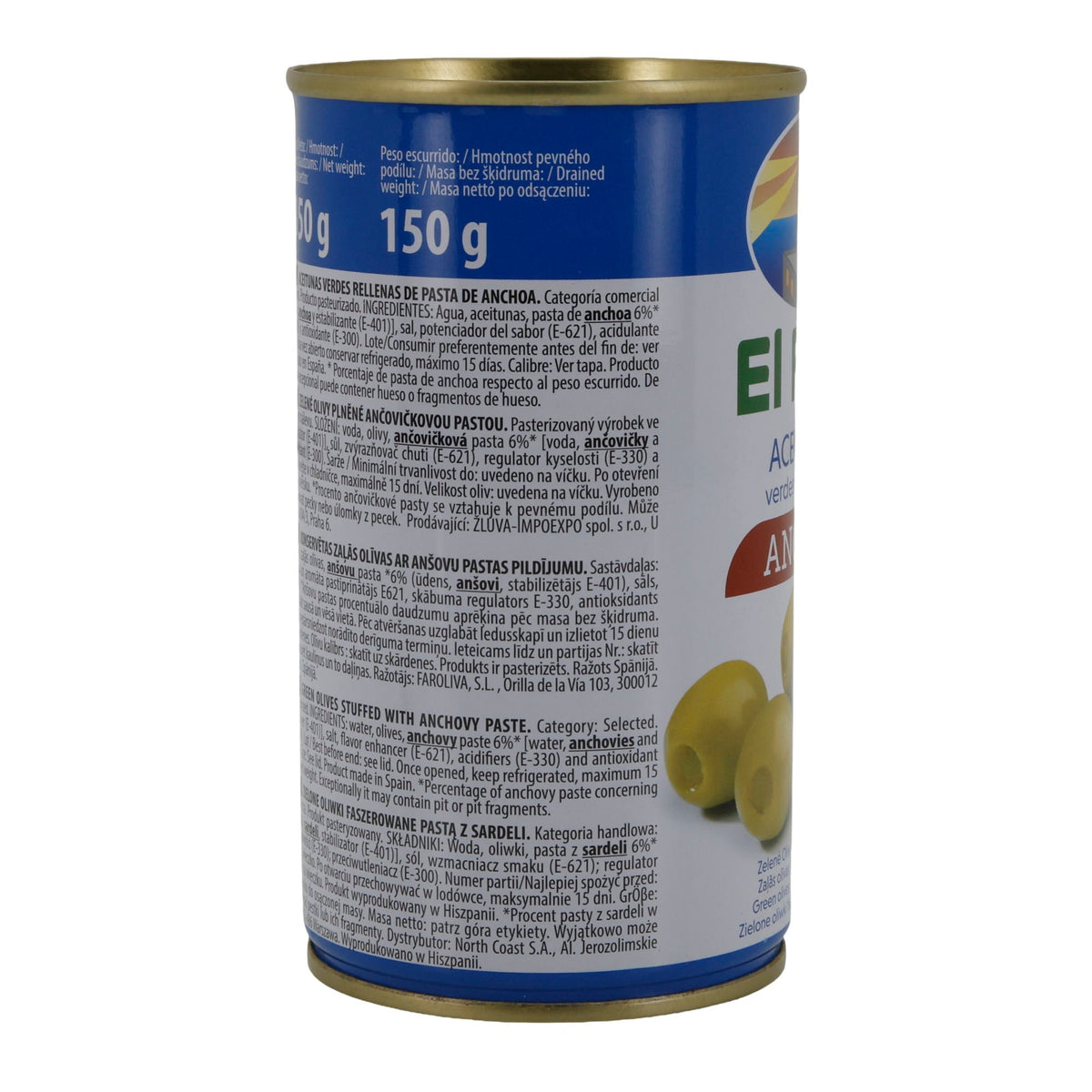 El Faro Grüne Oliven mit Sardellenpaste | Gefüllte Oliven | 350 g Dose (Abtropfgewicht 150 g) | Spanische Tapas-Spezialität Silca