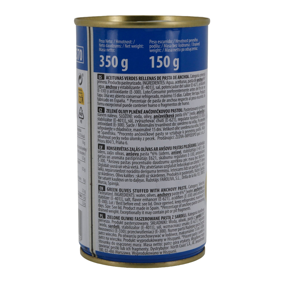 El Faro Grüne Oliven mit Sardellenpaste | Gefüllte Oliven | 350 g Dose (Abtropfgewicht 150 g) | Spanische Tapas-Spezialität Silca