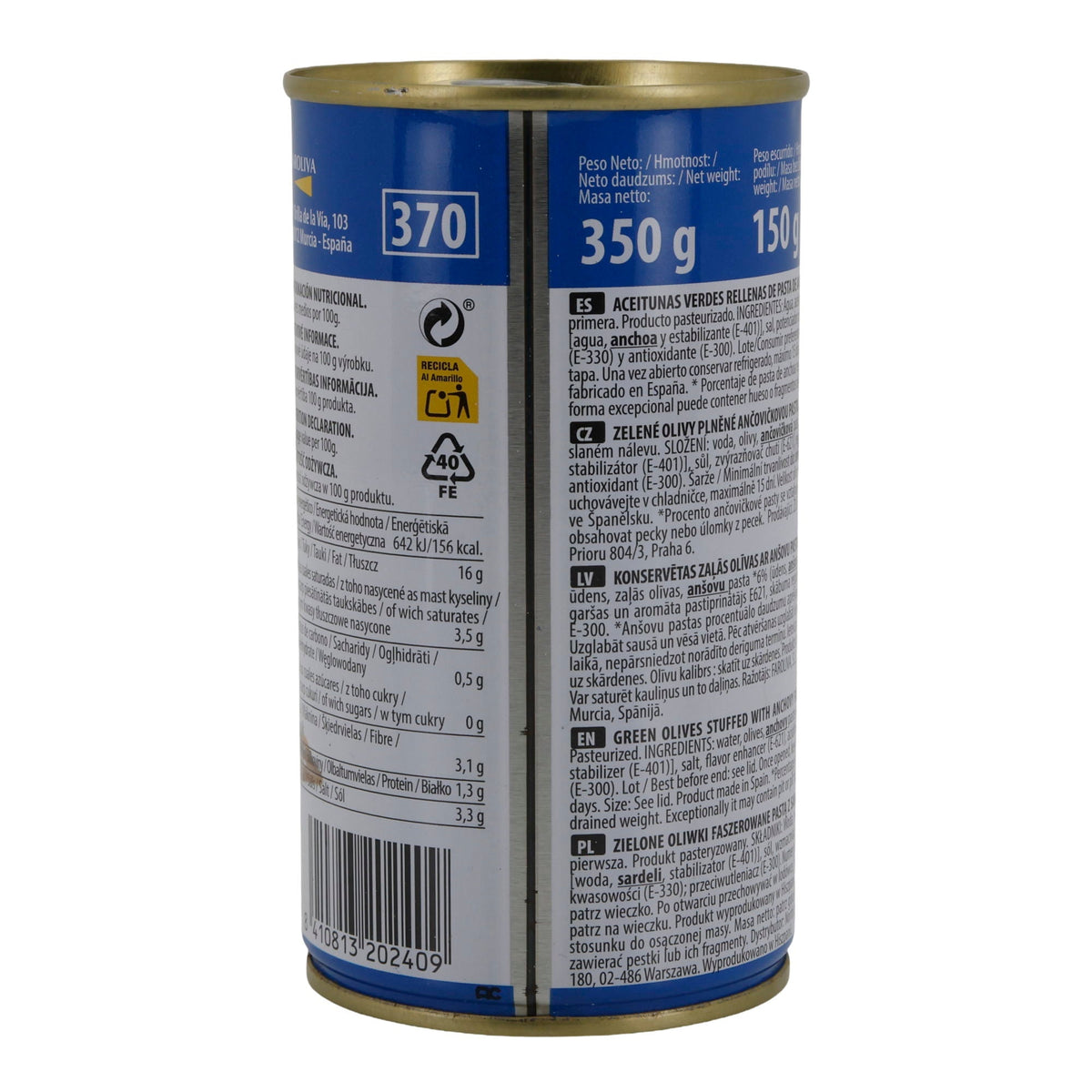 El Faro Grüne Oliven mit Sardellenpaste | Gefüllte Oliven | 350 g Dose (Abtropfgewicht 150 g) | Spanische Tapas-Spezialität Silca