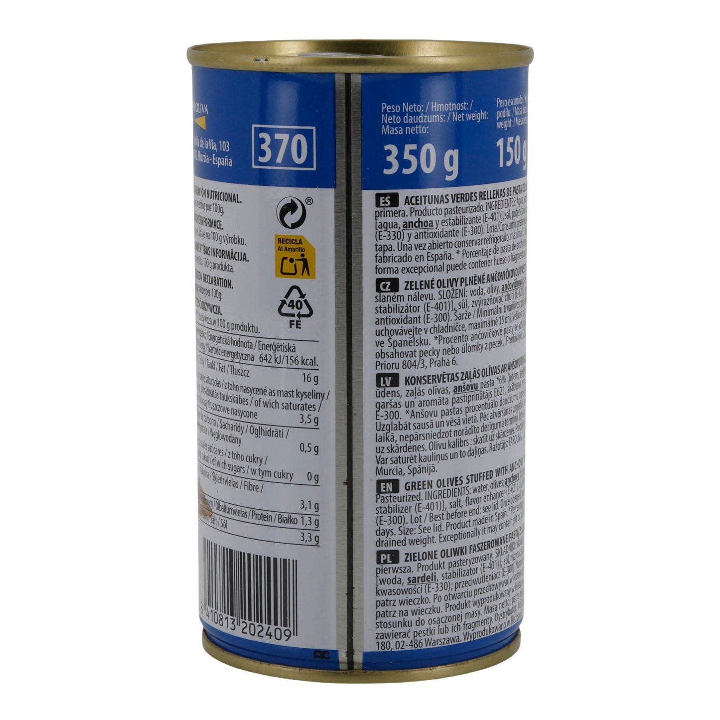 El Faro Grüne Oliven mit Sardellenpaste | Gefüllte Oliven | 350 g Dose (Abtropfgewicht 150 g) | Spanische Tapas-Spezialität