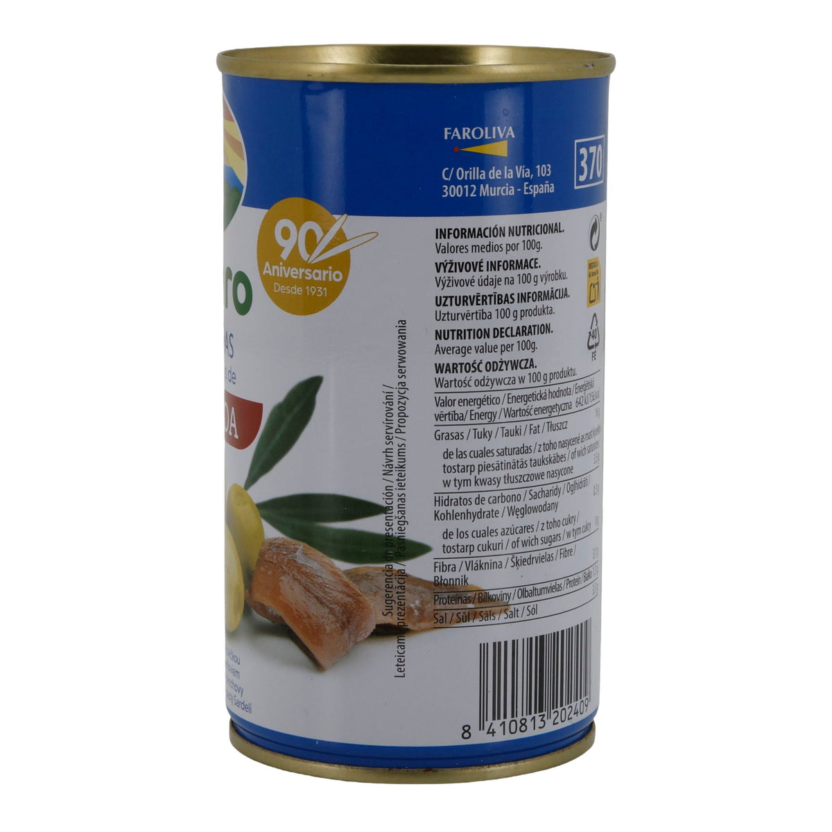El Faro Grüne Oliven mit Sardellenpaste | Gefüllte Oliven | 350 g Dose (Abtropfgewicht 150 g) | Spanische Tapas-Spezialität Silca