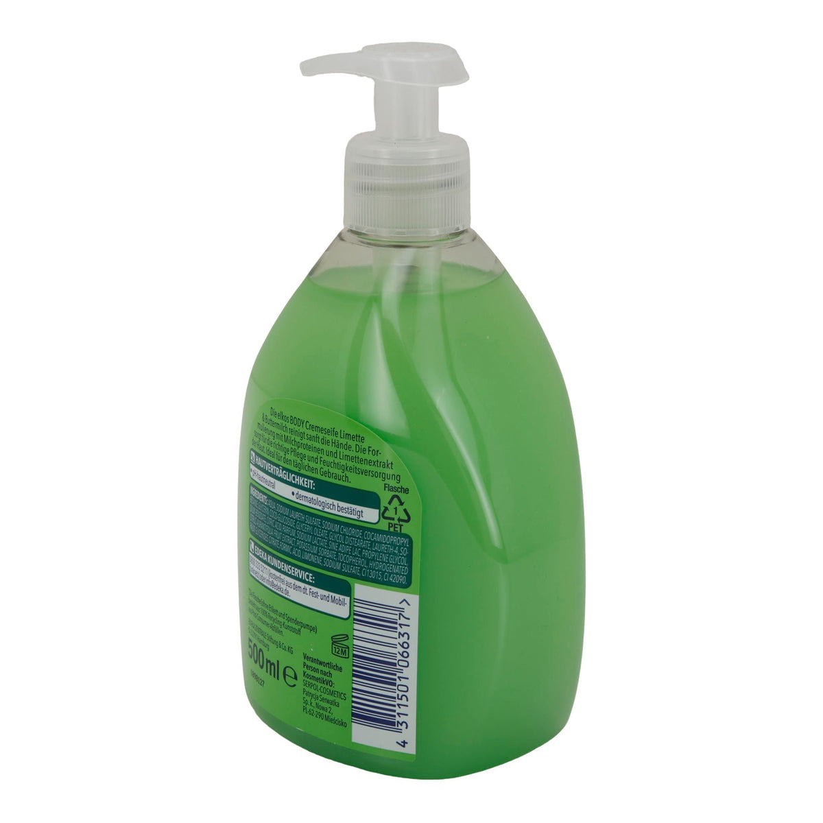 elkos BODY Cremeseife Limette & Buttermilch | Flüssigseife mit fruchtigem Duft | 500 ml | pH-hautneutral & recycelte Verpackung