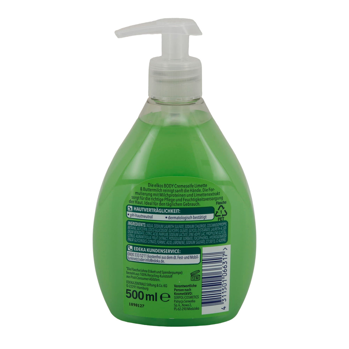 elkos BODY Cremeseife Limette & Buttermilch | Flüssigseife mit fruchtigem Duft | 500 ml | pH-hautneutral & recycelte Verpackung