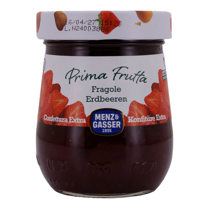 Aardbeienjam Menz & Gasser | Prima Frutta | Fruitig, voor ontbijt | 340 g pot