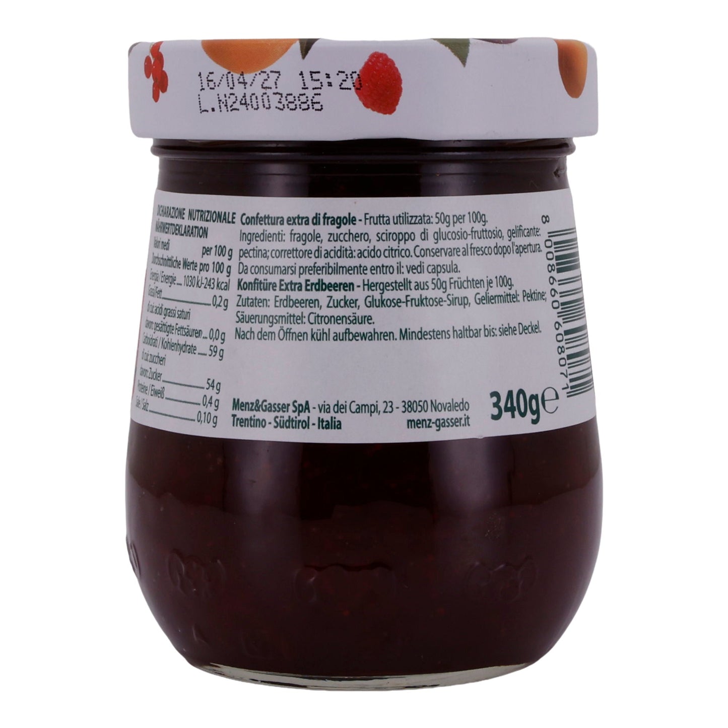 Aardbeienjam Menz & Gasser | Prima Frutta | Fruitig, voor ontbijt | 340 g pot