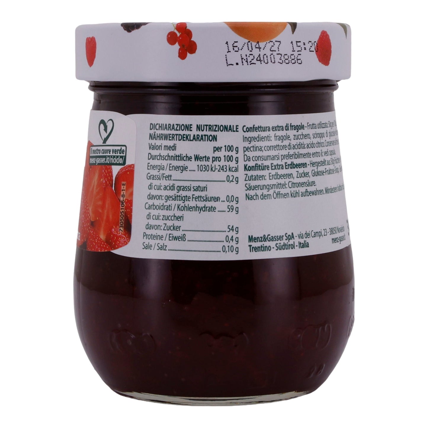 Aardbeienjam Menz & Gasser | Prima Frutta | Fruitig, voor ontbijt | 340 g pot