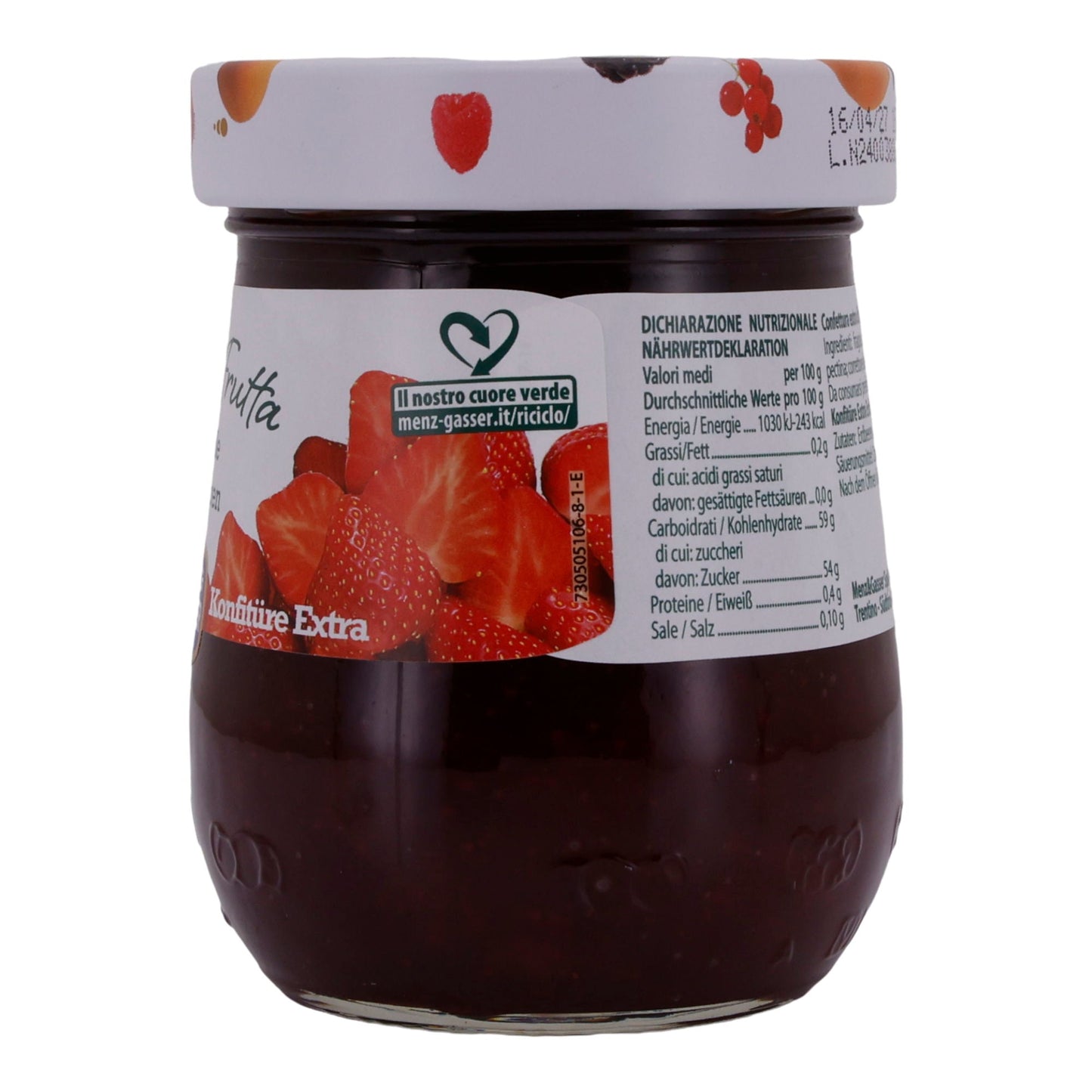 Aardbeienjam Menz & Gasser | Prima Frutta | Fruitig, voor ontbijt | 340 g pot