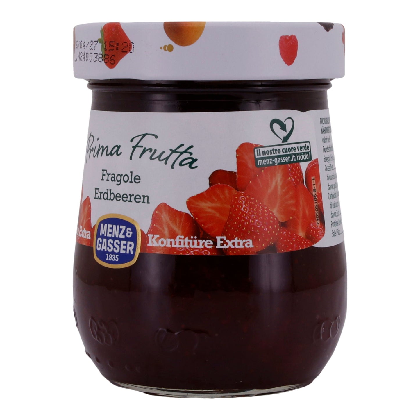 Aardbeienjam Menz & Gasser | Prima Frutta | Fruitig, voor ontbijt | 340 g pot