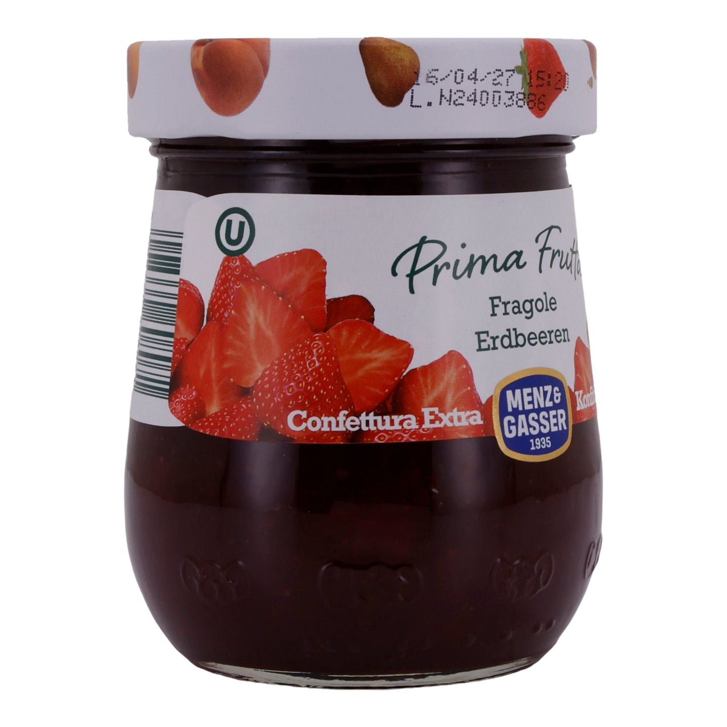 Aardbeienjam Menz & Gasser | Prima Frutta | Fruitig, voor ontbijt | 340 g pot