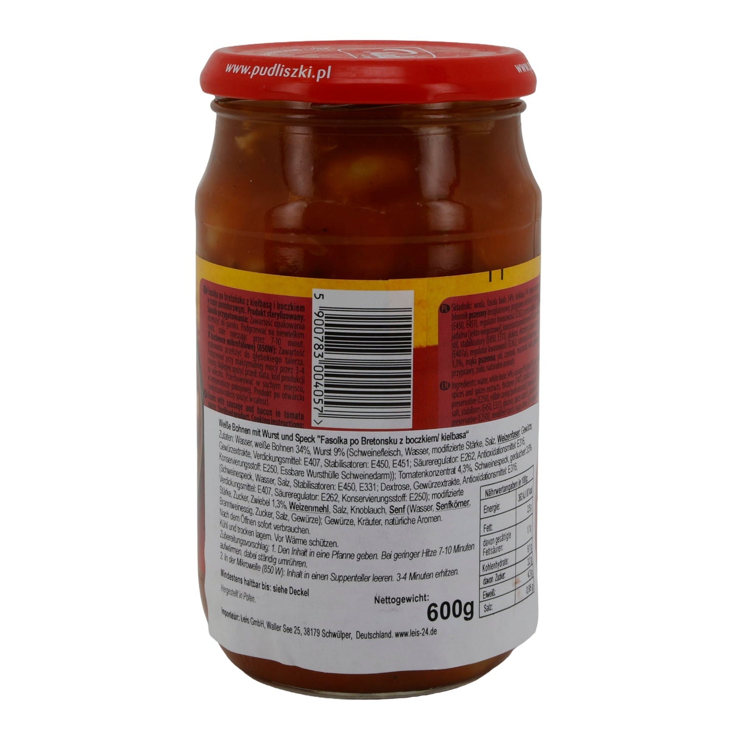 Fertiggericht Pudliszki | Fasolka po Bretońsku mit Wurst & Speck | Bohnen in Tomatensauce | 600g Glas PL