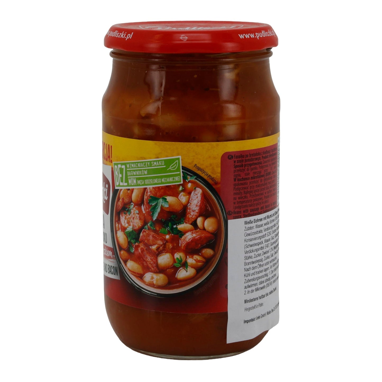 Fertiggericht Pudliszki | Fasolka po Bretońsku mit Wurst & Speck | Bohnen in Tomatensauce | 600g Glas PL