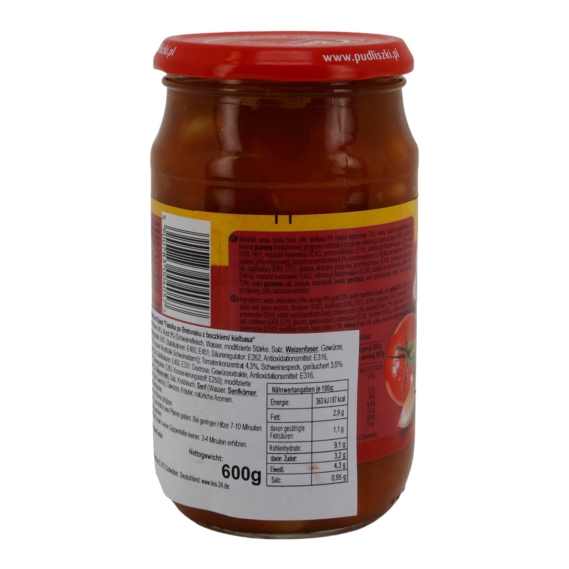 Fertiggericht Pudliszki | Fasolka po Bretońsku mit Wurst & Speck | Bohnen in Tomatensauce | 600g Glas PL