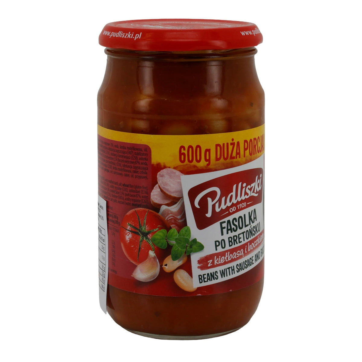 Fertiggericht Pudliszki | Fasolka po Bretońsku mit Wurst & Speck | Bohnen in Tomatensauce | 600g Glas