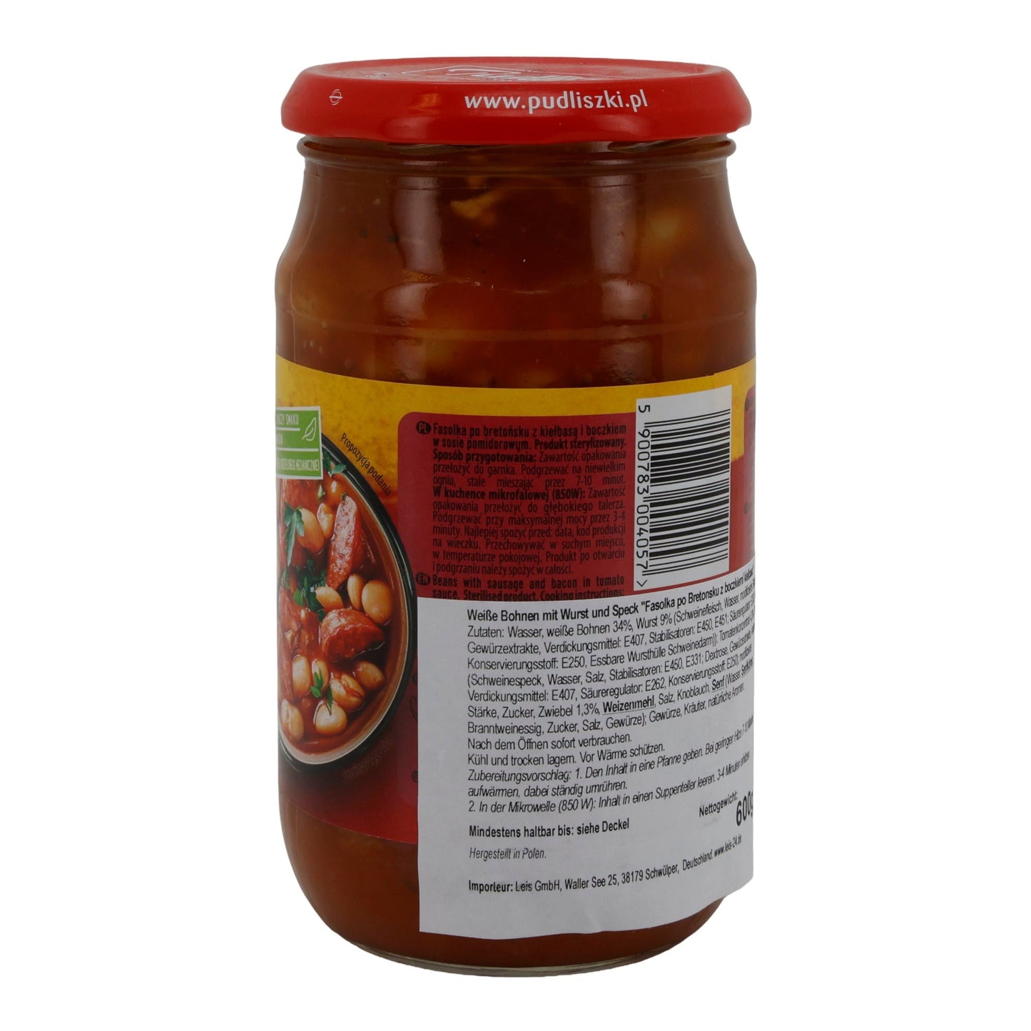 Fertiggericht Pudliszki | Fasolka po Bretońsku mit Wurst & Speck | Bohnen in Tomatensauce | 600g Glas PL