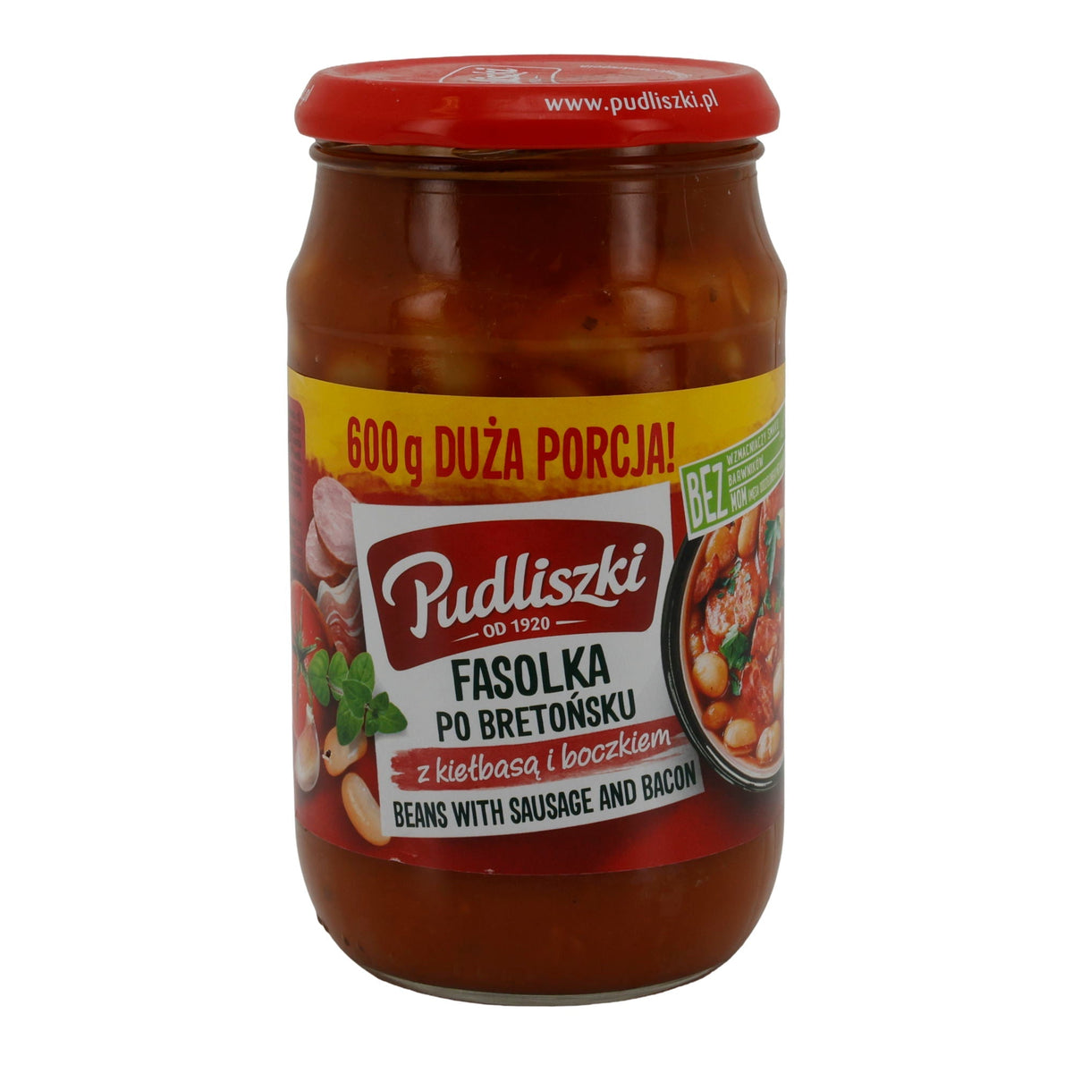 Fertiggericht Pudliszki | Fasolka po Bretońsku mit Wurst & Speck | Bohnen in Tomatensauce | 600g Glas