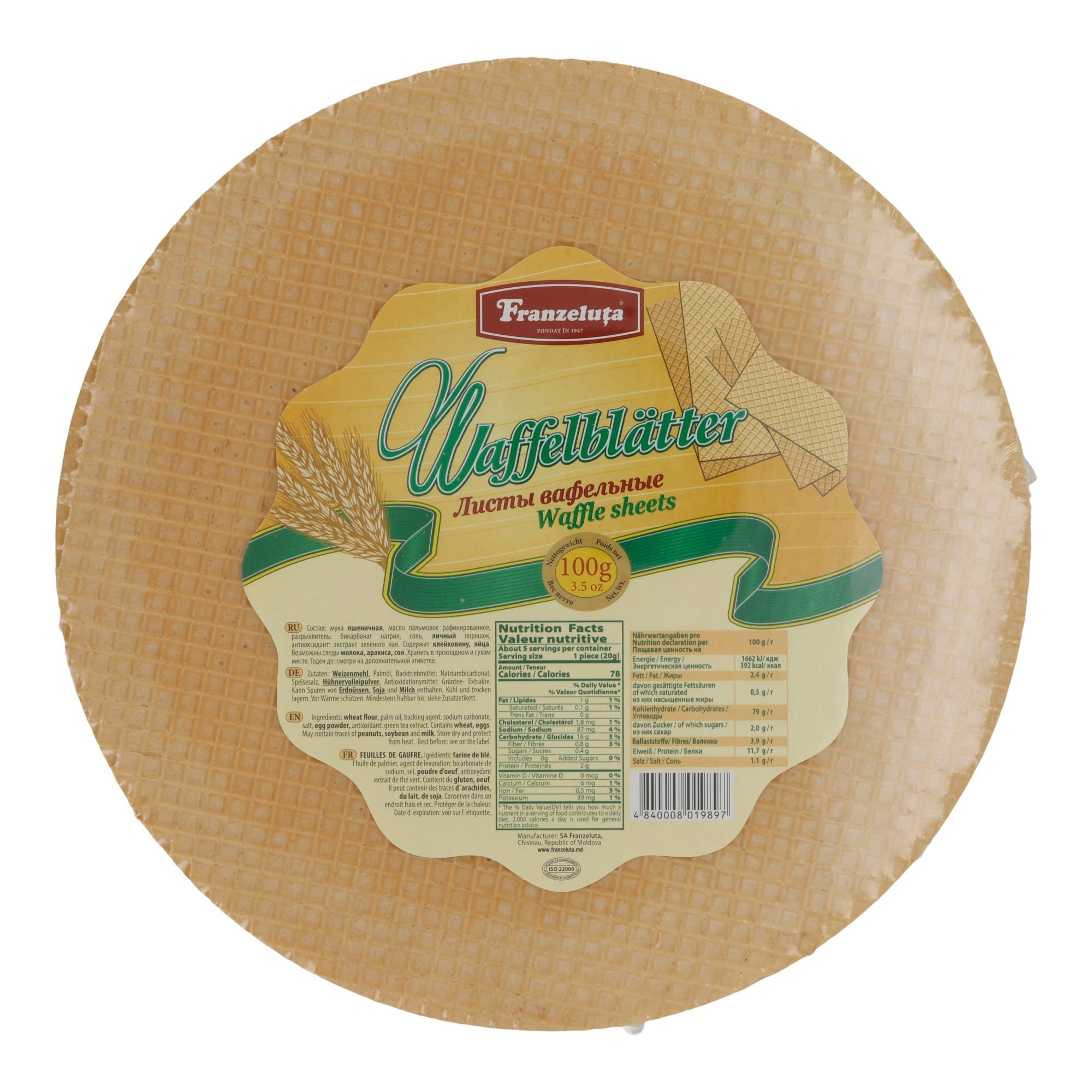 Franzeluta | Waffelblätter rund | Knusprige Waffelscheiben | 100 g Franzeluta