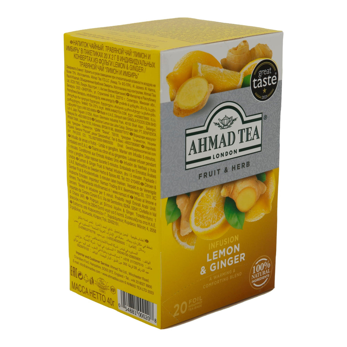 Früchtetee Ahmad Tea | Lemon & Ginger Kräutertee | 100 % natürlich | 20 Teebeutel